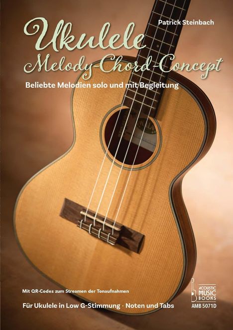 Titel: "Ukulele Melody-Chord Concept". Anzeige einer Ukulele mit Noten und Tabs, samt QR-Codes zum Streamen.