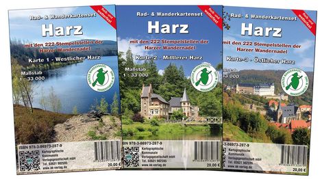 Rad- & Wanderkartenset Harz: Westlicher, Mittlerer, Östlicher Harz. Maßstab 1:33 000. Jeweils Natur- und Gebäudebilder.
