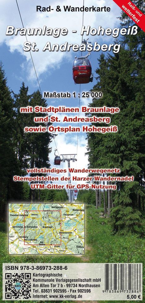 Rad- & Wanderkarte von Braunlage, Hohegeiß, St. Andreasberg. Maßstab 1:25 000. Seilbahn zwischen Bäumen, Karte unten.