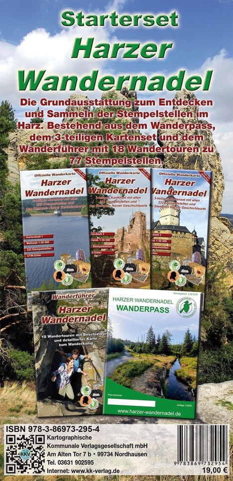 Text: "Starterset Harzer Wandernadel" in Grün. "Die Grundausstattung..." in Rot. Verschiedene Wanderkartenbilder. ISBN unten.
