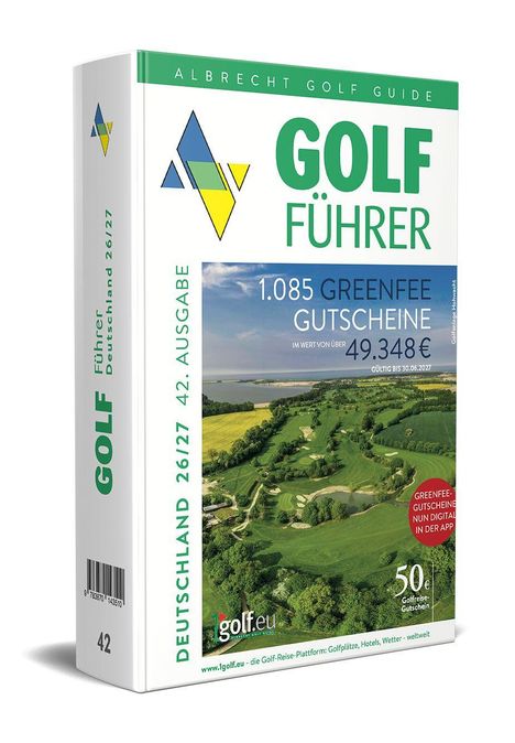 "GOLF FÜHRER: 1.085 GREENFEE GUTSCHEINE, 49.348 €, gültig bis 30.06.2027." Ein Golfplatz ist abgebildet.