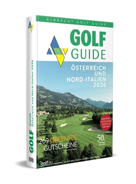 "Golf Guide Österreich und Nord-Italien 2026", grüne Landschaft mit Hügeln und Golfplatz im Hintergrund.