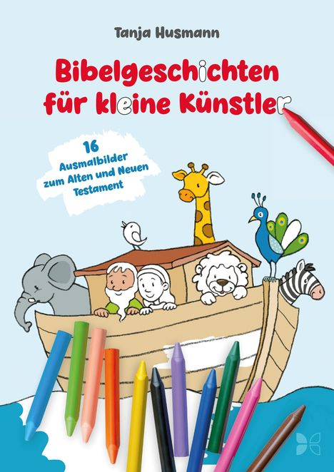 "Bibelgeschichten für kleine Künstler" und "16 Ausmalbilder zum Alten und Neuen Testament". Tiere und Kinder in einer Arche. Bunte Stifte.