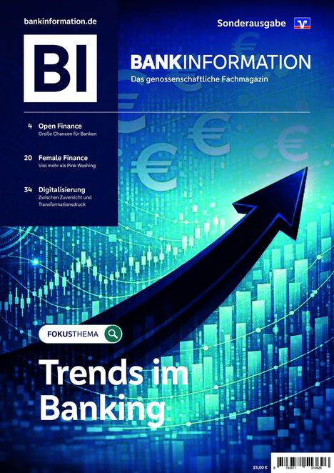 bankinformation.de; BI; BANKINFORMATION; Trends im Banking; Open Finance; Female Finance; Digitalisierung; Pfeil mit Eurozeichen.