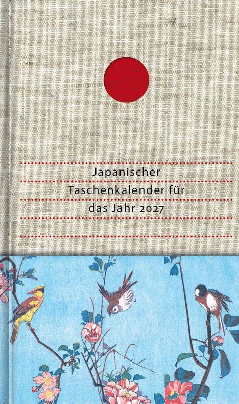 „Japanischer Taschenkalender für das Jahr 2027“ auf beigem Stoffhintergrund, darunter Vögel auf blühenden Zweigen.