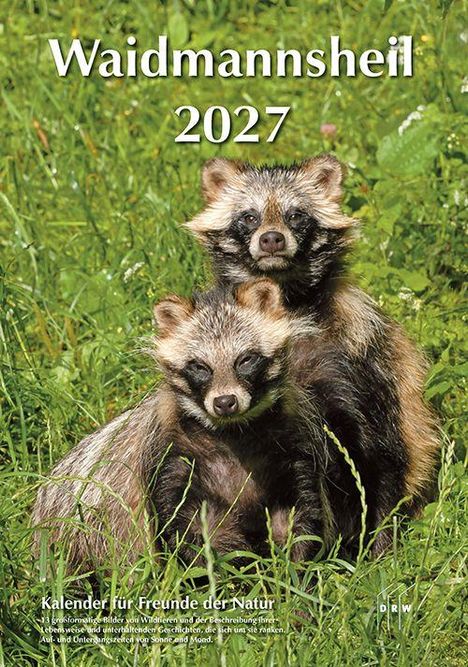 „Waidmannsheil 2027. Kalender für Freunde der Natur.“ Zwei Waschbären sitzen im grünen Gras.