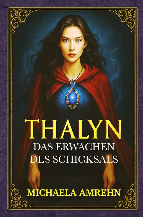"THALYN: DAS ERWACHEN DES SCHICKSALS" von MICHAELA AMREHN. Illustration: Frau mit rotem Umhang und blau leuchtendem Amulett.