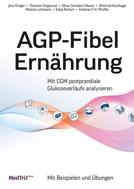 AGP-Fibel Ernährung: Mit CGM postprandiale Glukoseverläufe analysieren. Unten sind Symbole für verschiedene Lebensmittel.