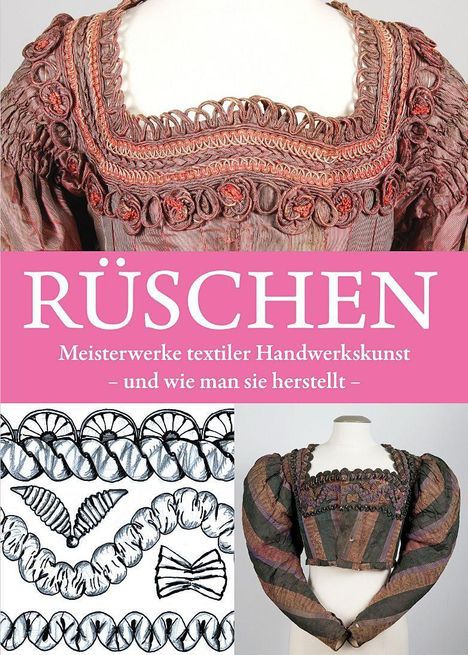 "RÜSCHEN. Meisterwerke textiler Handwerkskunst – und wie man sie herstellt." Eine Collage aus Kleidung und Skizzen.
