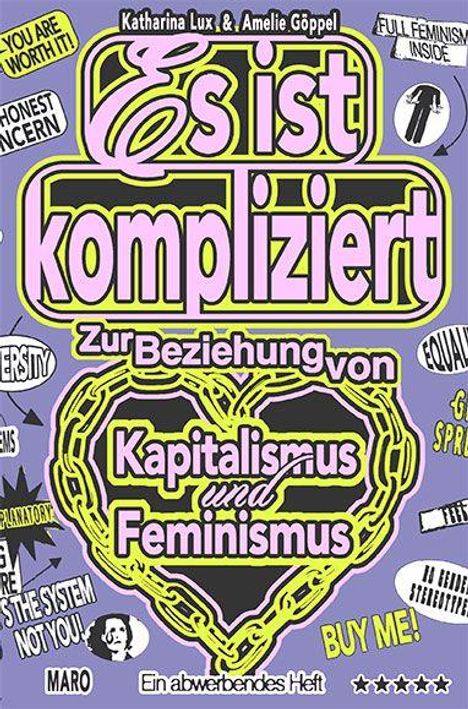 "Es ist kompliziert: Zur Beziehung von Kapitalismus und Feminismus". Lila Hintergrund mit gelbem Kettendesign.