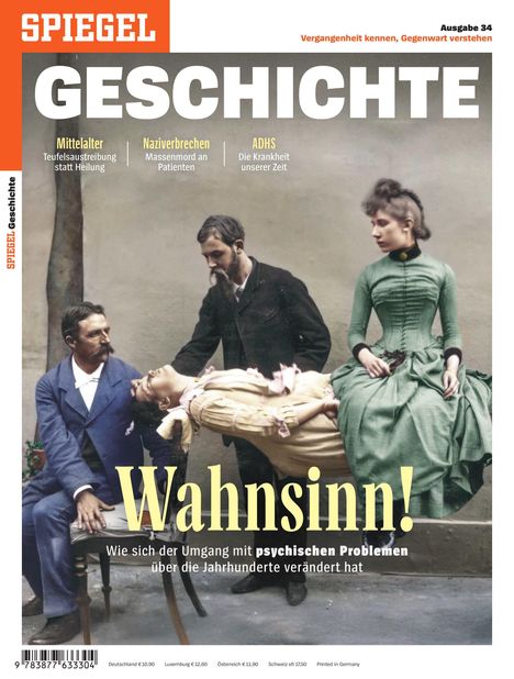„SPIEGEL GESCHICHTE“ oben, „Wahnsinn!“ groß in der Mitte. Eine historische Szene mit einem schwebenden Körper.