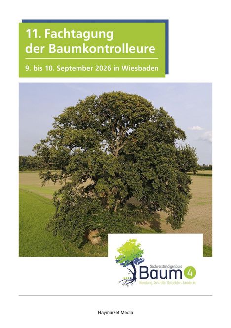 Text: "11. Fachtagung der Baumkontrolleure, 9. bis 10. September 2026 in Wiesbaden." Baum in einer Wiese, Logo mit Baum.