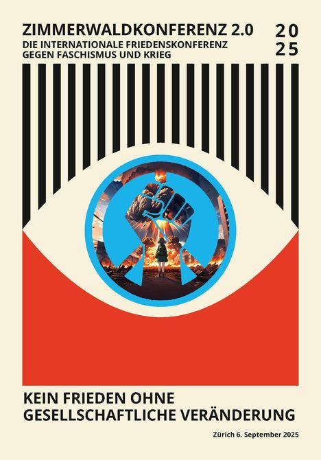 Zimmerwaldkonferenz 2.0, 2025. Grafik mit erhobener Faust vor brennender Kulisse und Friedenstaube.