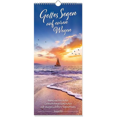 "Gottes Segen auf euren Wegen" in romantischer Schrift. Ein Segelboot auf ruhiger See bei Sonnenuntergang, Vögel fliegen.