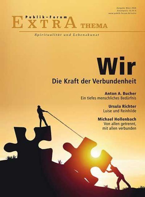 Titel: "Wir - Die Kraft der Verbundenheit". Silhouette von Personen mit Puzzleteilen in einem Sonnenuntergang.