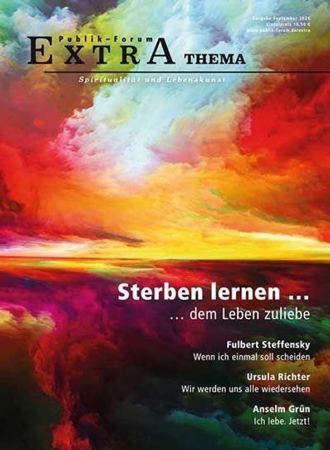 „Sterben lernen … dem Leben zuliebe“; farbenfrohe Wolkenillustration in Rot- und Gelbtönen.