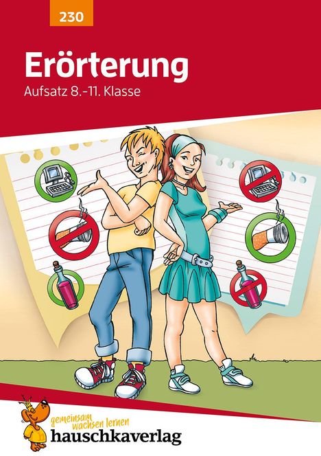 Text: "230 Erörterung Aufsatz 8.-11. Klasse." Illustration: Zwei Jugendliche vor Notizblättern mit Symbolen.
