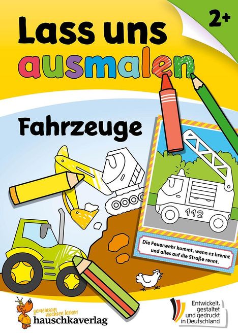 "Lass uns ausmalen - Fahrzeuge" steht in bunten Buchstaben. Eine Illustration zeigt Buntstifte, Fahrzeuge und einen Bagger.