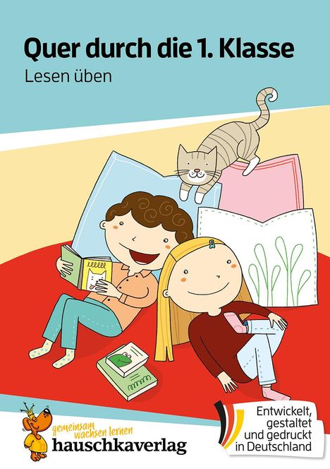 "Quer durch die 1. Klasse. Lesen üben." Zwei Kinder lesen, eine Katze sitzt auf Kissen. Illustration.