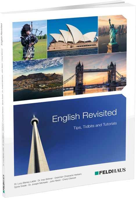 „English Revisited: Tips, Tidbits and Tutorials“. Fotos von Sehenswürdigkeiten und ein Logo unten rechts.