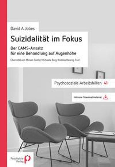 „David A. Jobes: Suizidalität im Fokus“. Drei leere schwarze Stühle, daneben ein kleiner Tisch. 