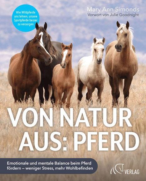 Titel: "VON NATUR AUS: PFERD". Vier Pferde laufen nebeneinander auf trockener Wiese. Oben rechts Name der Autorin.
