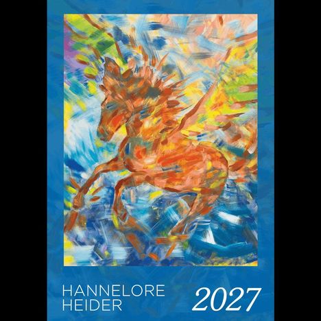 HANNELORE HEIDER 2027. Eine bunte Illustration eines abstrakten, fliegenden Pferdes in kräftigen Farben.