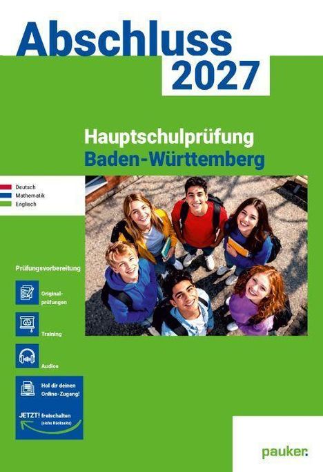 Abschluss 2027, Hauptschulprüfung Baden-Württemberg. Junge lächelnde Menschen schauen nach oben. Logo: pauker.