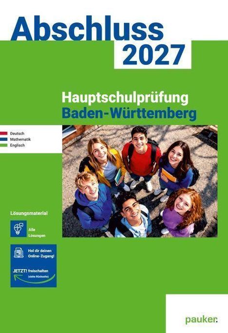 Abschluss 2027, Hauptschulprüfung Baden-Württemberg. Jugendliche stehen lächelnd zusammen; Logo unten rechts.