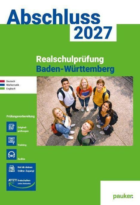 "Abschluss 2027", "Realschulprüfung Baden-Württemberg". Sechs Jugendliche schauen lächelnd nach oben. Links: Vorbereitungsoptionen.