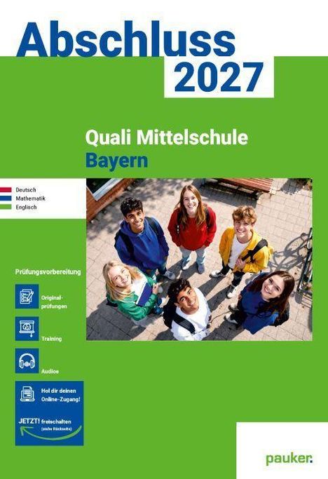 Abschluss 2027, Quali Mittelschule Bayern. Jugendliche blicken lächelnd hoch, auf hellem Pflaster. Links: Prüfungsvorbereitung.