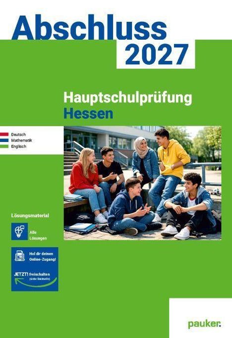 "Abschluss 2027. Hauptschulprüfung Hessen." Sechs Jugendliche sitzen draußen auf Treppenstufen und unterhalten sich.