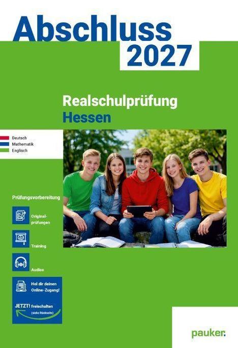 „Abschluss 2027, Realschulprüfung Hessen“ in Grün und Blau. Fünf Jugendliche sitzen draußen, lächeln, halten Unterlagen.
