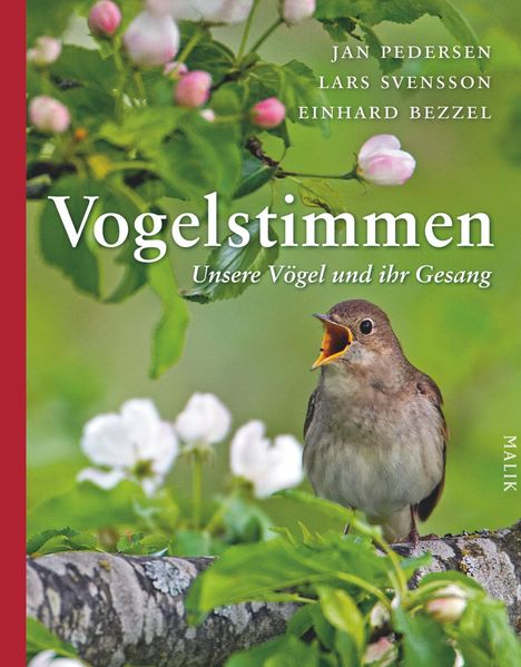 "Vogelstimmen. Unsere Vögel und ihr Gesang." Ein singender Vogel sitzt auf einem Ast umgeben von Blüten.