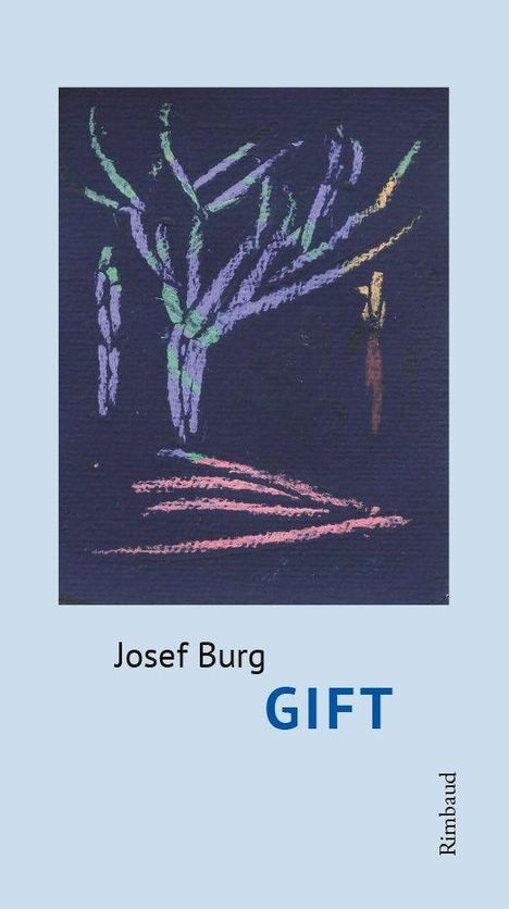 „Josef Burg, GIFT“ in schwarzer und blauer Schrift; darunter eine abstrakte Illustration auf blauem Hintergrund.