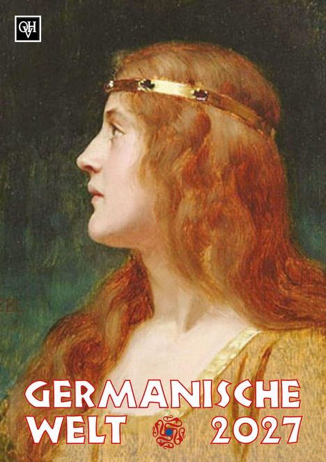 „Germanische Welt 2027“ zeigt eine seitliche Porträtillustration einer Frau mit rotem Haar und goldenem Stirnband.