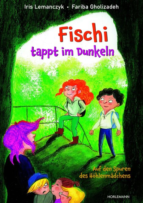 "Fischi tappt im Dunkeln. Auf den Spuren des Höhlenmädchens." Illustration von Kindern in einer Höhle.