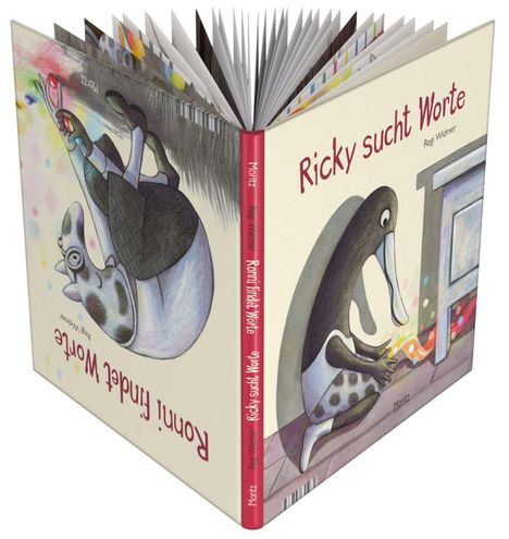 Texte: "Ricky sucht Worte", "Regi Widmer", "Romi findet Worte". Illustration: Tiere erschaffen bunte Formen.