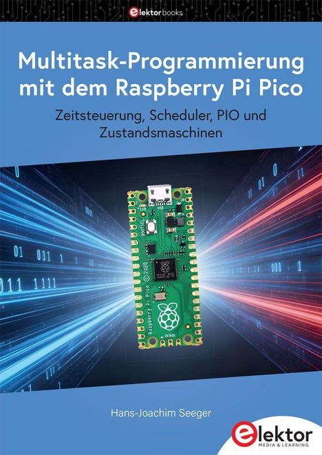 "Multitask-Programmierung mit dem Raspberry Pi Pico", gefolgt von elektronischem Bauteil auf digitalem Hintergrund.