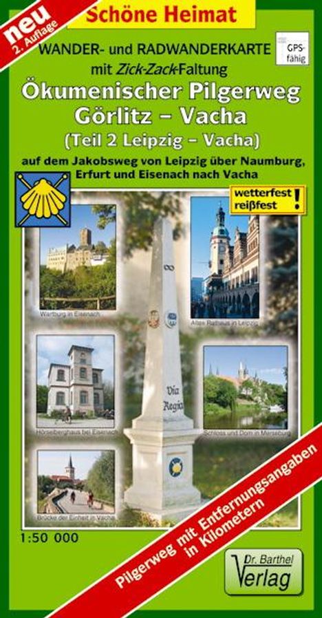 Wander- und Radwanderkarte Ökumenischer Pilgerweg Görlitz-Vacha (Teil 2 Leipzig-Vacha) mit Zick-Zack-Faltung. 1:50000, Karten