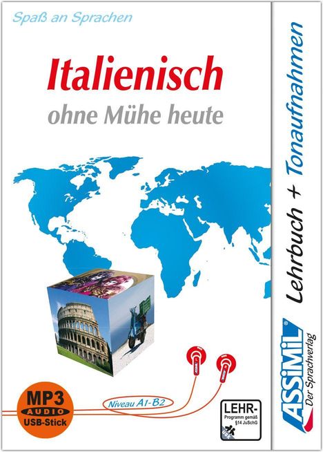 "Italienisch ohne Mühe heute", Weltkarte, Würfel mit Kolosseum und Vespa, MP3 Audio USB-Stick Symbol, ASSIMIL-Logo.