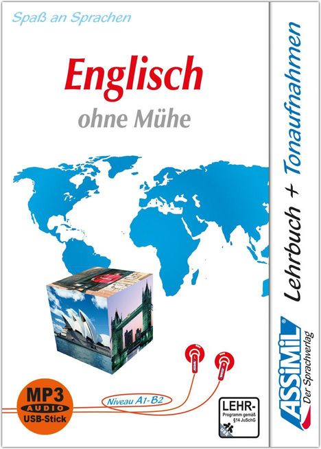 "Englisch ohne Mühe" - Kartenhintergrund, Würfel mit Sehenswürdigkeiten, MP3-Audio, Niveau A1-B2, Spaß an Sprachen.