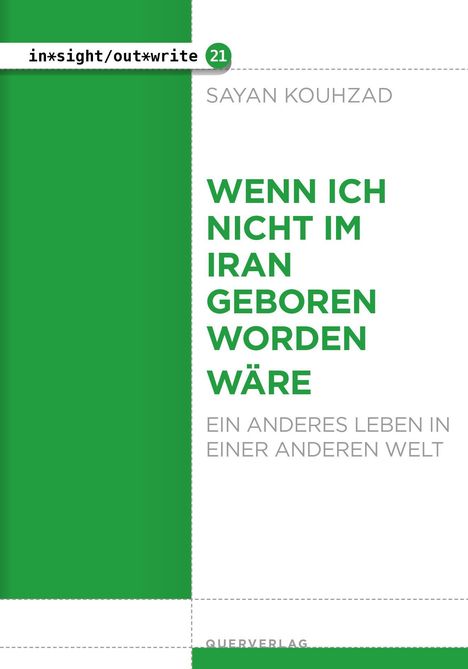 Oberer Text: "in*sight/out*write 21". 
Haupttext: "Wenn ich nicht im Iran geboren worden wäre". 
Links grüne Farbfläche.
