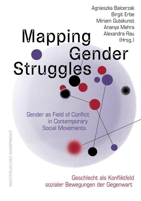 „Mapping Gender Struggles“ steht groß im Zentrum. Bunte Kreise mit Linien verbinden die Elemente in abstrakter Anordnung.