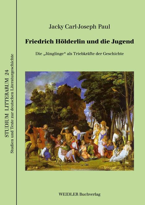 "Friedrich Hölderlin und die Jugend" von Jacky Carl-Joseph Paul; Illustration von jungen Menschen in einer Landschaft.