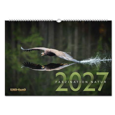 Text: "Faszination Natur 2027", "Wild und Hund" Logo. Ein fliegender Adler spiegelt sich auf einem ruhigen See.