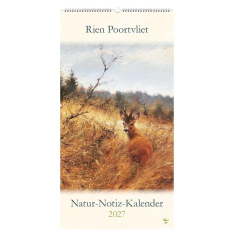 Text: "Rien Poortvliet, Natur-Notiz-Kalender 2027". Illustration eines Rehs in einer Herbstlandschaft.