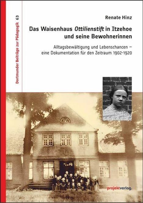 Titel: Das Waisenhaus Ottilienstift in Itzehoe. Ein altes Foto eines Gebäudes mit Kindern und ein kleineres Foto rechts oben einer Frau.
