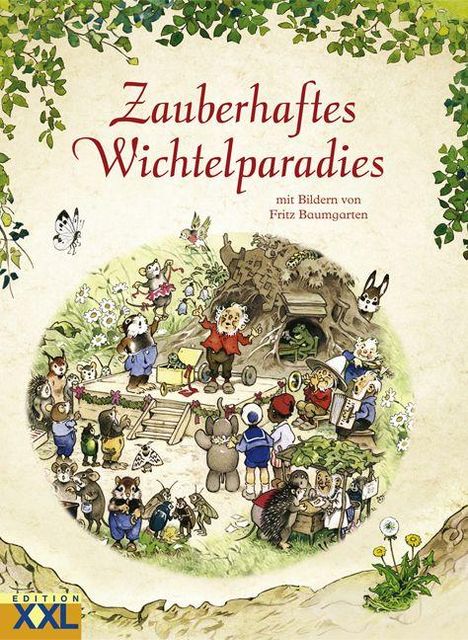 „Zauberhaftes Wichtelparadies“: Illustrationen zeigen fröhliche Wichtel in einer Waldszene voller Tiere und Pflanzen.