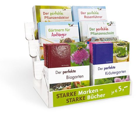 Buchständer mit Büchern: "Der perfekte Pflanzendoktor", "Gärtnern für Anfänger", "Der perfekte Kräutergarten".